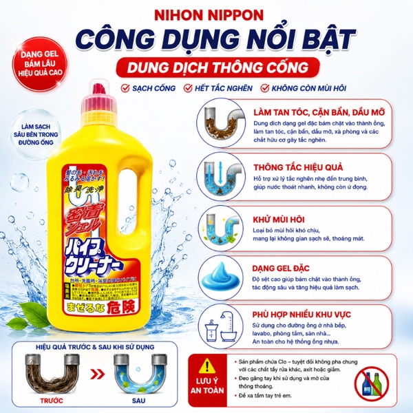 NB - Dung dịch thông tắc đường ống cống Nihon Nippon 800g (T12) - Ảnh 3